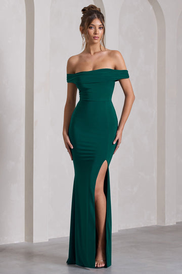 Law of Attraction Bottle Green Bardot Draped Split Maxi Dress